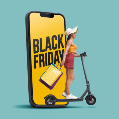 cell phone that's life-sized next to a woman on a scooter with a shopping bag